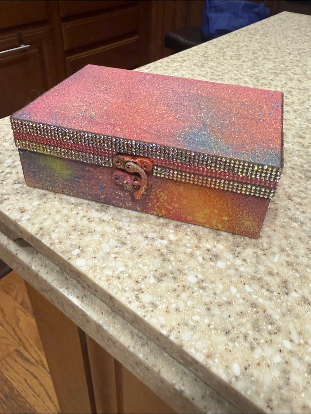 Hand painted/designed “Rainbow Splash” Jewelry Box with Rhinestone Trim!